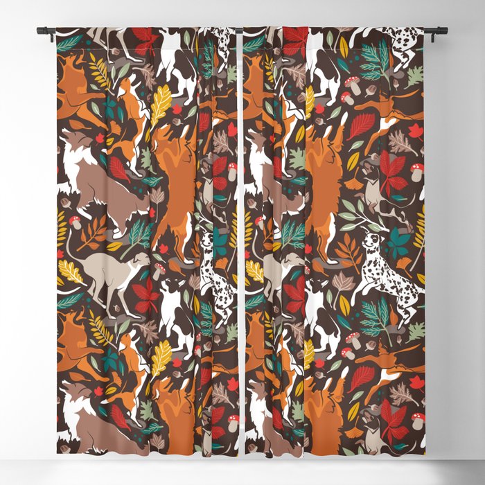 Autumn paw-fection // brown oak background dogs jumping and dancing with many leaves in fall colors Blackout Curtain