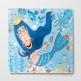 Quirky Mermaid with Sea Friends, Blue version Metal Print | Sealife, Octopus, Animation, Whimsical, Fantasy, Boobs, Beautifulwomen, Blue, Women, Ocean 
