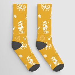 Mustard And White Silhouettes Of Vintage Nautical Pattern Socks