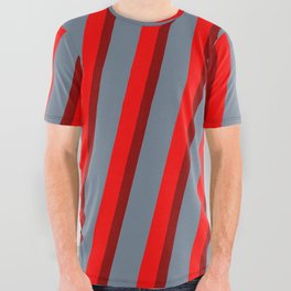 [ Thumbnail: Red, Dark Red & Slate Gray Colored Lines/Stripes Pattern All Over Graphic Tee ]