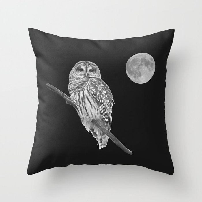 Owl, See the Moon: Barred Owl (bw) Throw Pillow