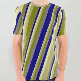 [ Thumbnail: Colorful Pale Goldenrod, Dark Khaki, Green, Grey & Blue Colored Lines/Stripes Pattern All Over Graphic Tee ]