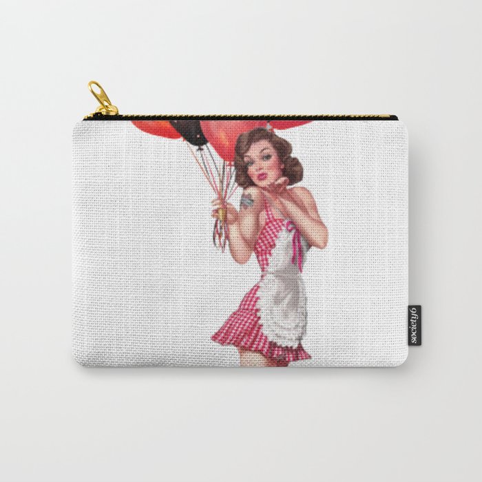Sexy Brunette Pin Up With Tattoo, Baloons And Maid Dress Carry-All Pouch