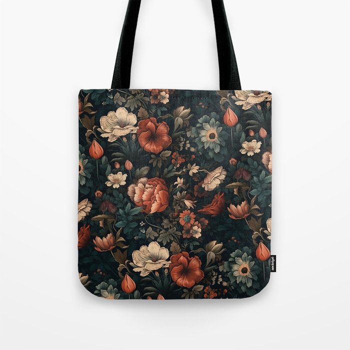 Vintage Aesthetic Beautiful Flowers, Nature Art, Dark Cottagecore Plant Collage - Flower Tote Bag