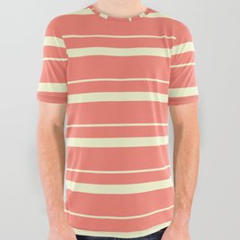 [ Thumbnail: Salmon & Light Yellow Colored Stripes Pattern All Over Graphic Tee ]