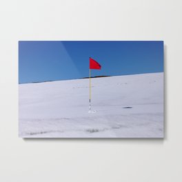 Red flag on Stromness golf course on a snowy April day. Metal Print