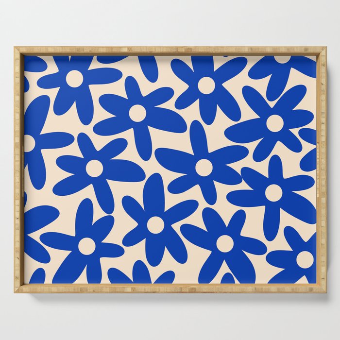 Daisy Time Retro Floral Pattern in Bright Blue and Cream Serving Tray