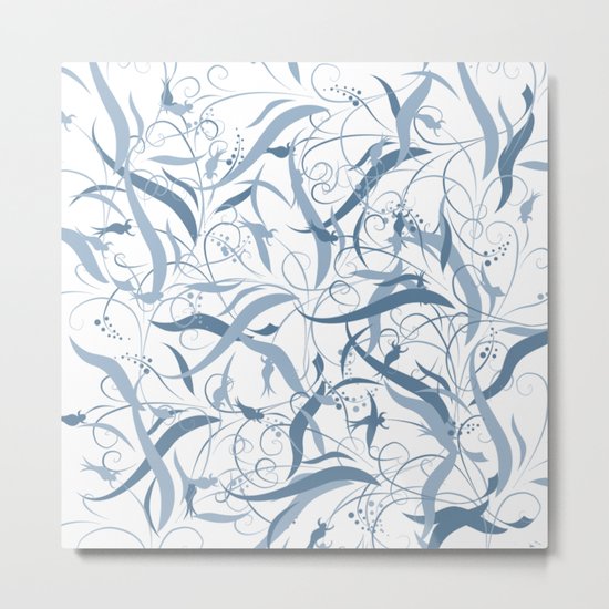 Elegant Blue Floral Leaf Scroll Pattern Metal Print