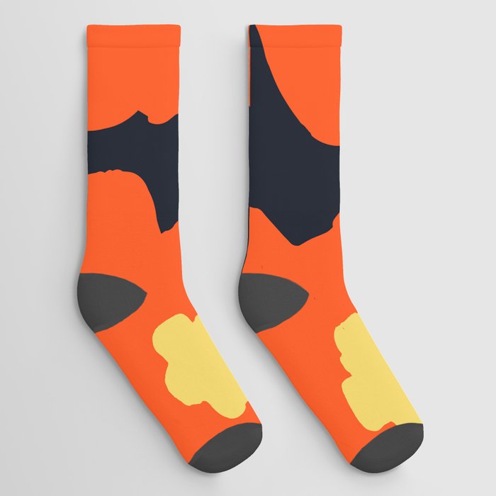 Large Pop-Art Retro Flowers in Orange on Black Background  Socks