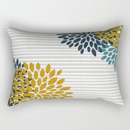 Floral Blooms and Stripes, Navy Blue, Teal, Yellow, Gray Rectangular Pillow