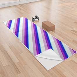 [ Thumbnail: Blue, Dark Violet, Plum, Mint Cream & Turquoise Colored Stripes/Lines Pattern Yoga Towel ]