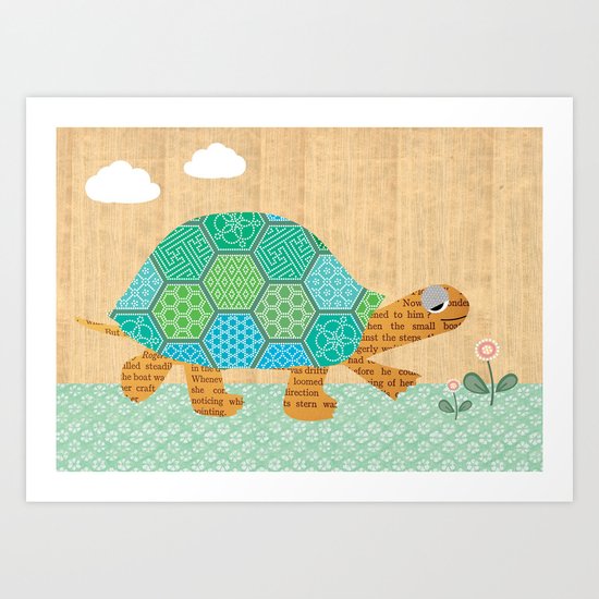 Cute turtle Collage on wooden background Art Print
