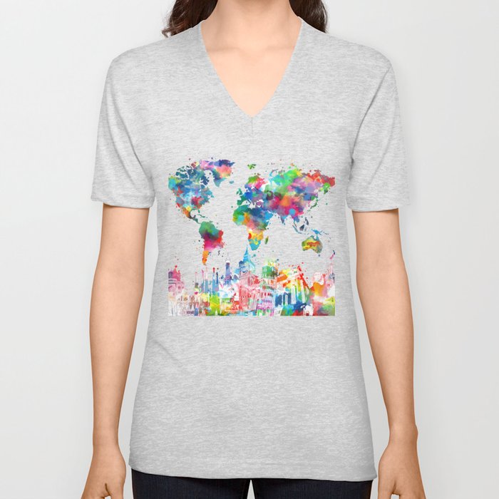 world map watercolor collage V Neck T Shirt