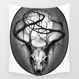 Spooky Buck Deer Skull with Full Moon and Twisted Tree Branches by Jackie Rabbit Wall Tapestry