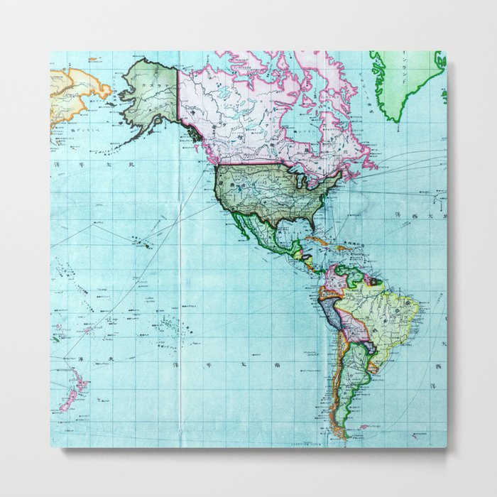 Turquoise Map Pattern Metal Print
