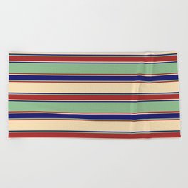 [ Thumbnail: Tan, Midnight Blue, Dark Sea Green & Brown Colored Striped/Lined Pattern Beach Towel ]