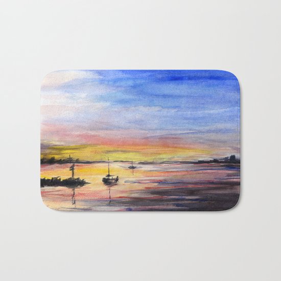Sunset Watercolor Painting Landscape Art Bath Mat