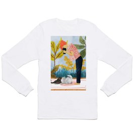 Saturday Afternoon | Cat Mom Pets Photography | Animals Kitten Picnic Watercolor Painting Long Sleeve T-shirt