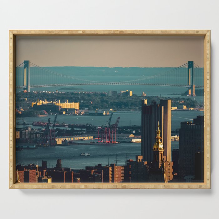 New York City Manhattan aerial view at sunset Serving Tray