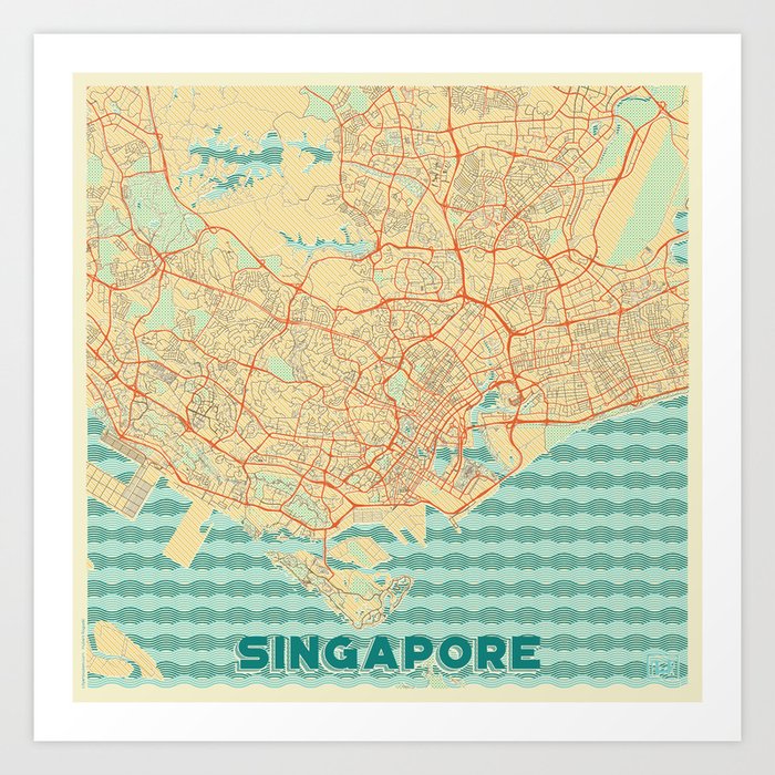 Singapore Map Retro Art Print