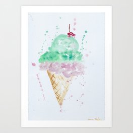 Icecream Summer love Cherry illustration ice cream cone watercolor Art Print