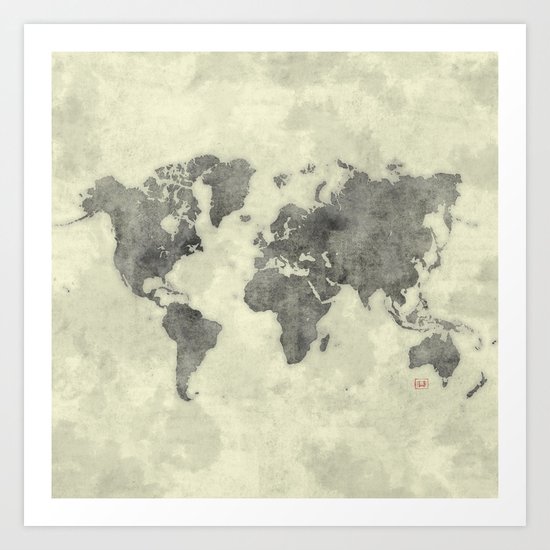 World Map Black Vintage Art Print
