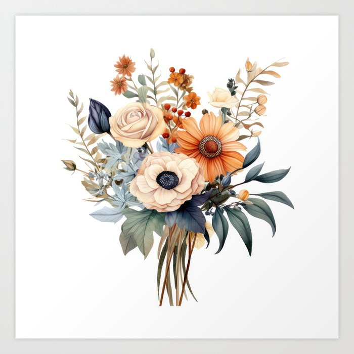 Floral Botanical Bouquet of Flowers in shades of Terracotta Beige White and Blue with Greenery Art Print
