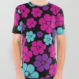 Flower Pattern - Pink, Purple, Blue and Black All Over Graphic Tee