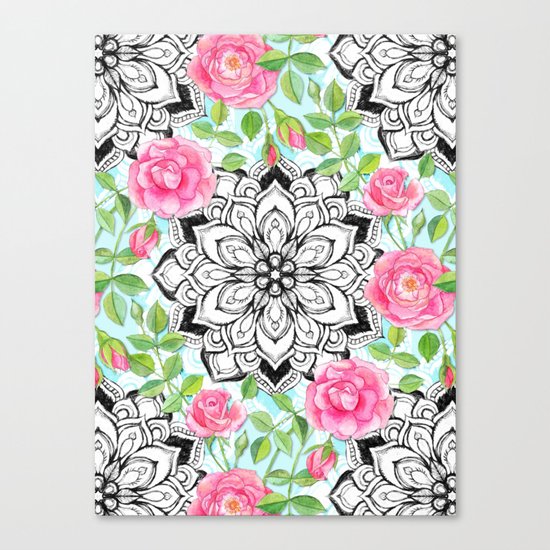 Pink Roses and Mandalas on Sky Blue Lace Canvas Print