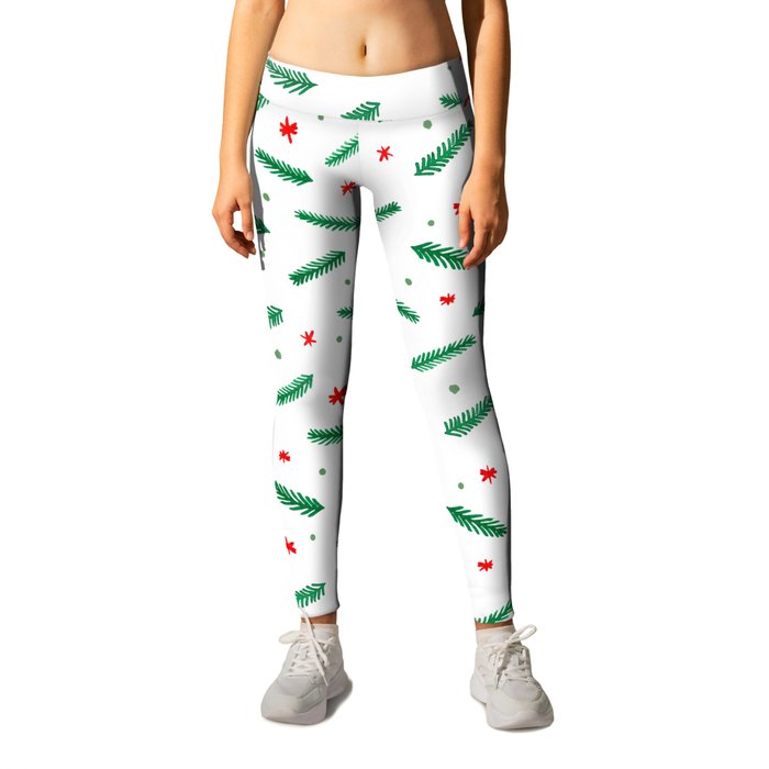 Christmas branches and stars - green and red Leggings