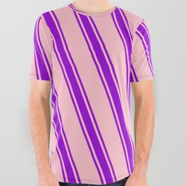 [ Thumbnail: Pink and Dark Violet Colored Lines Pattern All Over Graphic Tee ]