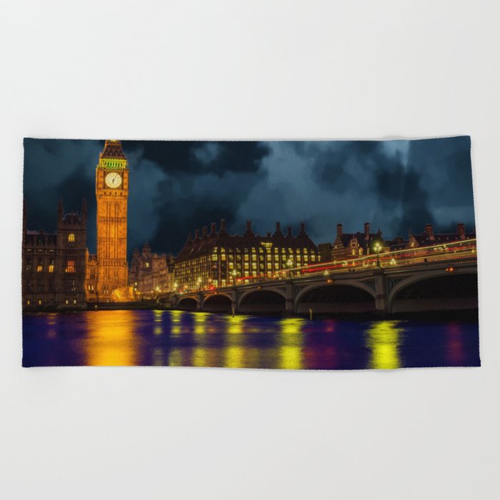 Great Britain Photography - London City Lit Up In The Night Beach Towel