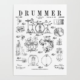 Drum Set Kit Vintage Patent Drummer Drawing Print Poster
