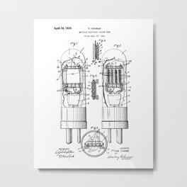 Multiple Electrode Vacuum Tube Vintage Patent Hand Drawing Metal Print | Design, Creative, Funny, Art, Mechanical, Geek, Vintage, Mechanic, Ink Pen, Illustration 