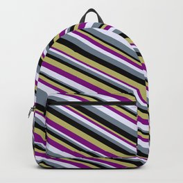[ Thumbnail: Eye-catching Dark Khaki, Purple, Lavender, Slate Gray, and Black Colored Lined/Striped Pattern Backpack ]