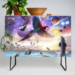 Dolphin And Parrot Ocean Animal Space Scene Credenza