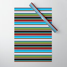 [ Thumbnail: Eyecatching Deep Sky Blue, Green, Dark Red, Lavender, and Black Colored Lines/Stripes Pattern Wrapping Paper ]