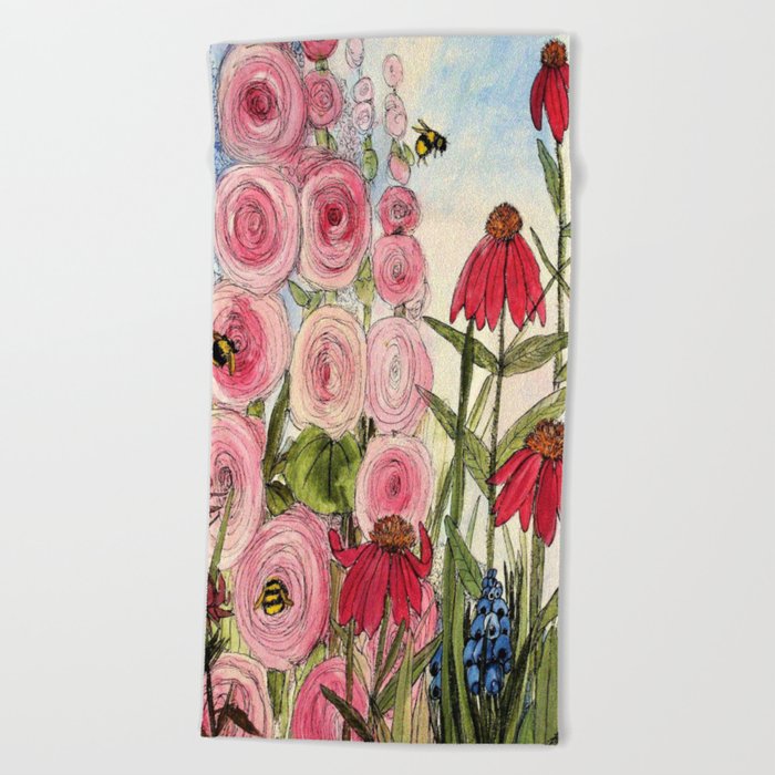 Cottage Garden Flower Whimsical Acrylic Painting Beach Towel By