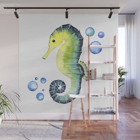 Abstract Watercolor Seahorse Bubbles On White Minimalist Coastal Art Coast Sea Beach Shore Wall Mural