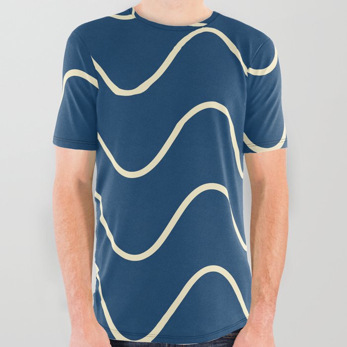 Abstract Wavy Lines Pattern - Blanched Almond and Blue All Over Graphic Tee