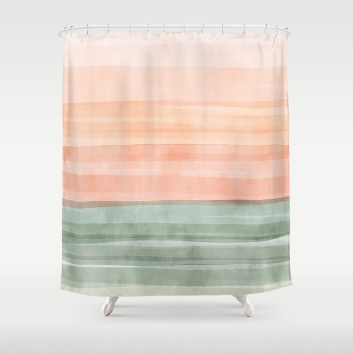 Light Sage Green Waves on a Peach Horizon, Abstract _watercolor color block Shower Curtain