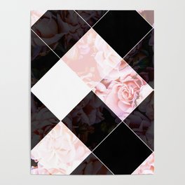 Botanical Pink Black Gray Geometrical Argyle Diamond Roses Pattern Poster