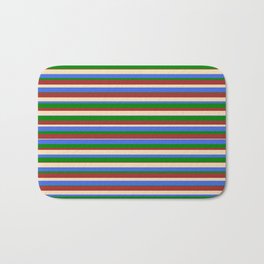 [ Thumbnail: Tan, Royal Blue, Green, and Brown Colored Stripes/Lines Pattern Bath Mat ]