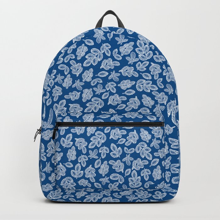 Small lace leaves white on blue Backpack