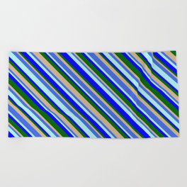 [ Thumbnail: Eye-catching Tan, Royal Blue, Turquoise, Blue & Dark Green Colored Pattern of Stripes Beach Towel ]