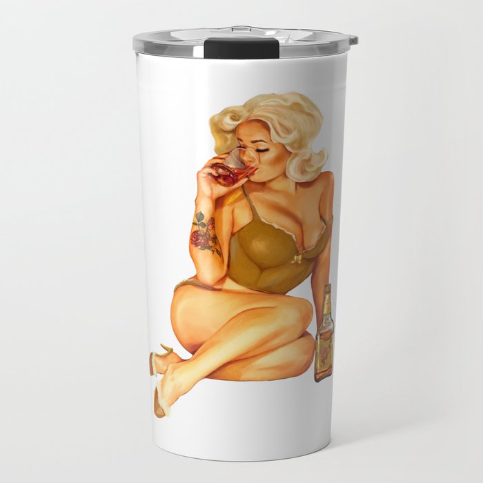 Pretty Vintage Pinup Girl With A Tattoo In Lingerie Drinking Whiskey Travel Mug