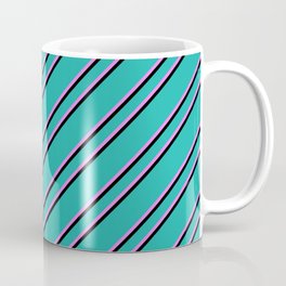 [ Thumbnail: Light Sea Green, Violet, and Black Colored Lined/Striped Pattern Coffee Mug ]