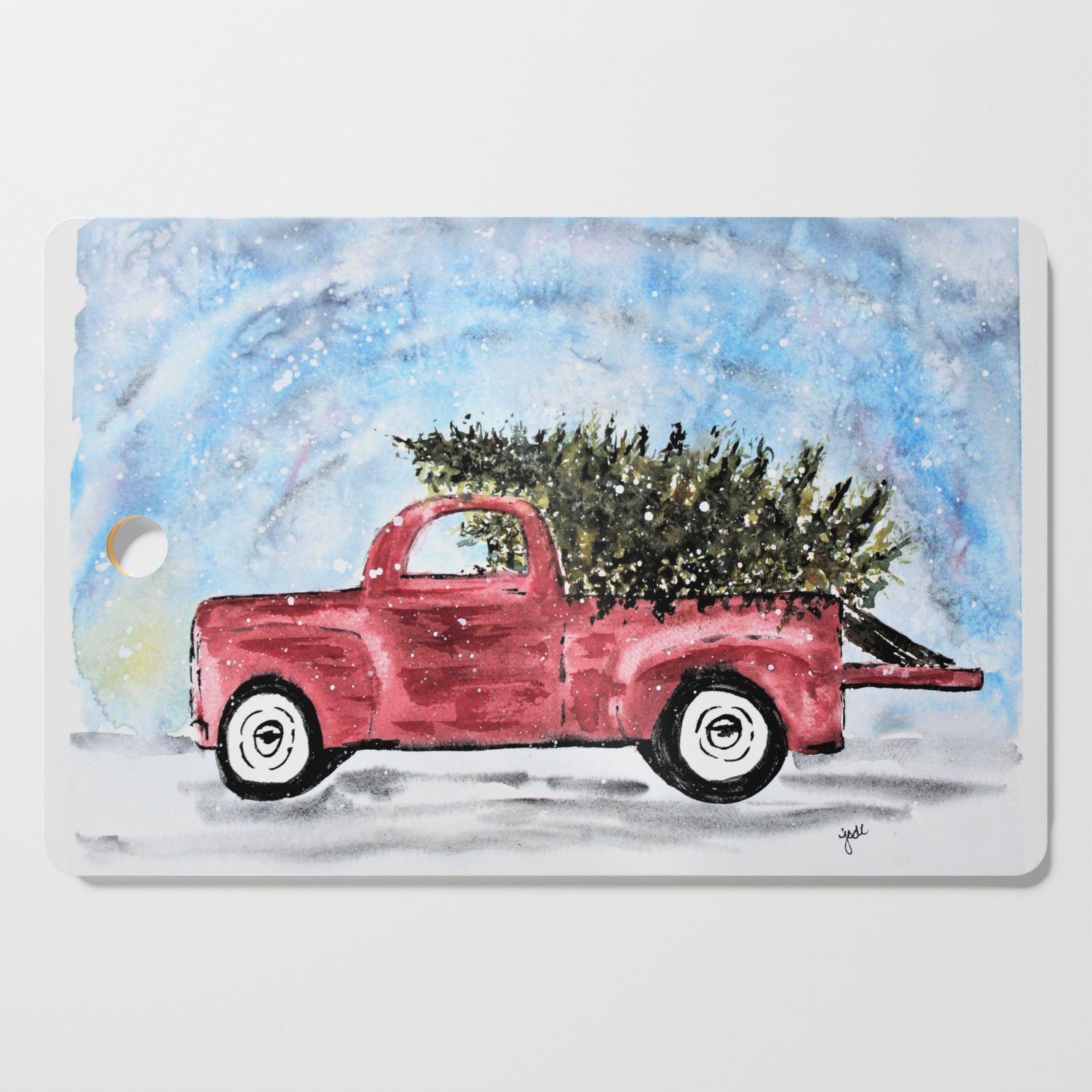Vintage Red Christmas Truck With Tree Watercolor Cutting Board By