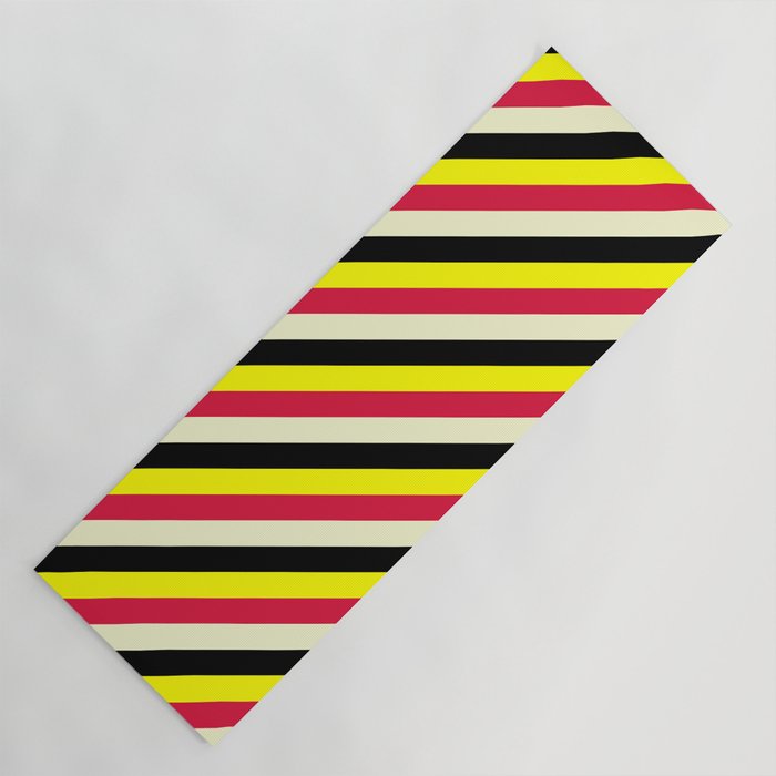 Yellow, Crimson, Light Yellow & Black Colored Stripes/Lines Pattern Yoga Mat