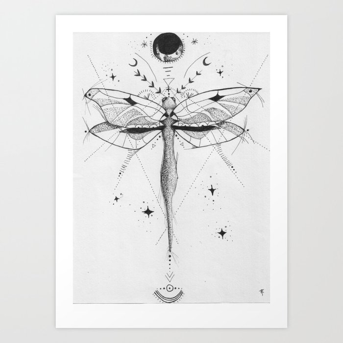 Dragonfly Tattoo Style Black and White Design Art Print by RT Designs
